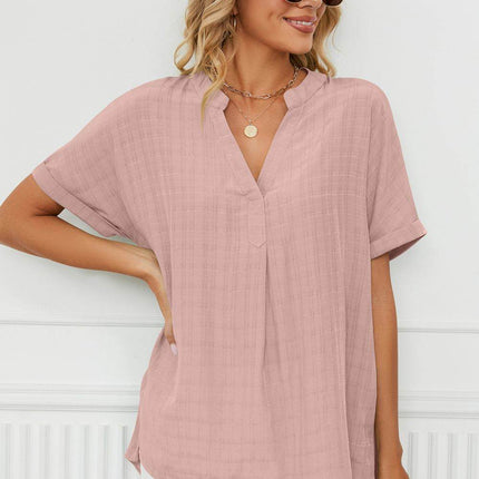 Side Slit Notched Neck Cuffed Short Sleeve Blouse - MimiStylez