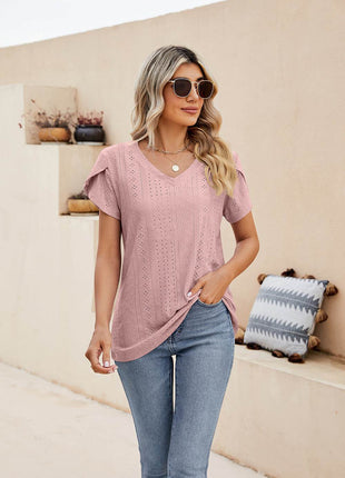 Eyelet Petal Sleeve V-Neck Knit Top - MimiStylez