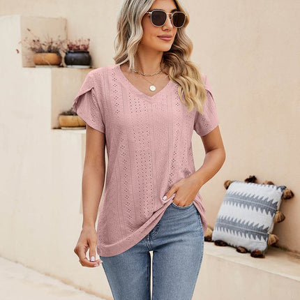 Eyelet Petal Sleeve V-Neck Knit Top - MimiStylez