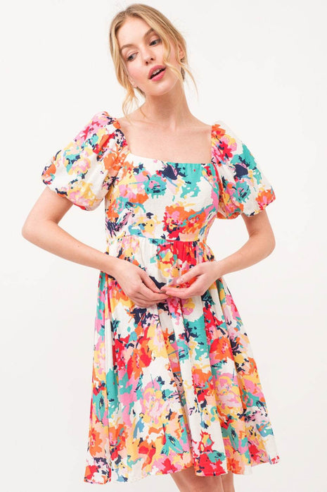 And The Why Square Neck Puff Sleeve Floral Dress - MimiStylez