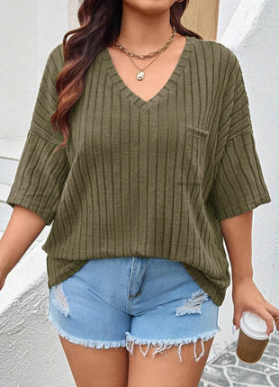 Plus Size V-Neck Ribbed Knit T-Shirt - MimiStylez