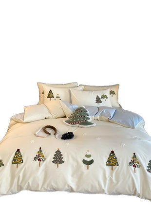 Christmas Tree Embroidery Cotton Four-piece Duvet Set