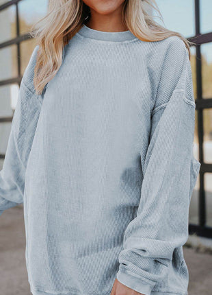 Ribbed Round Neck Drop Shoulder Sweatshirt - MimiStylez