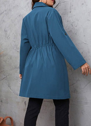 Plus Size Lapel Collar Drawstring Roll-Tab Sleeve Trench Coat - MimiStylez