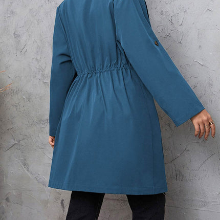 Plus Size Lapel Collar Drawstring Roll-Tab Sleeve Trench Coat - MimiStylez