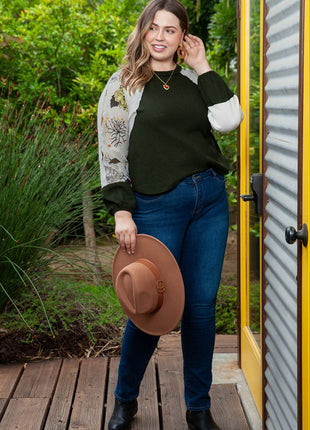 Plus Size Floral Waffle-Knit Round Neck Blouse - MimiStylez