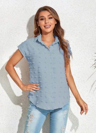 Swiss Dot Button Up Cap Sleeve Shirt - MimiStylez