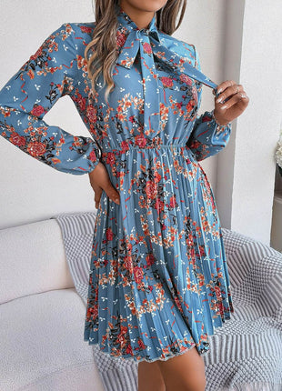 Pleated Printed Tie Neck Long Sleeve Dress - MimiStylez