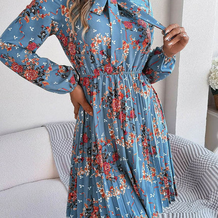Pleated Printed Tie Neck Long Sleeve Dress - MimiStylez
