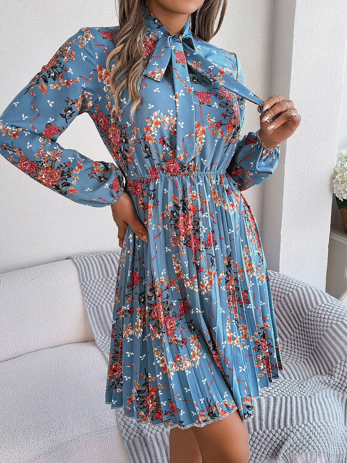 Pleated Printed Tie Neck Long Sleeve Dress