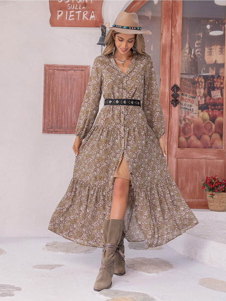 Floral Button Up V-Neck Tiered Dress - MimiStylez