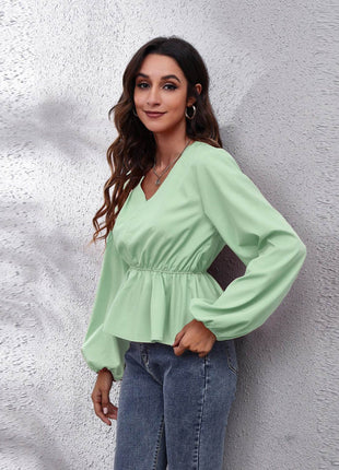 V-Neck Balloon Sleeve Peplum Blouse - MimiStylez