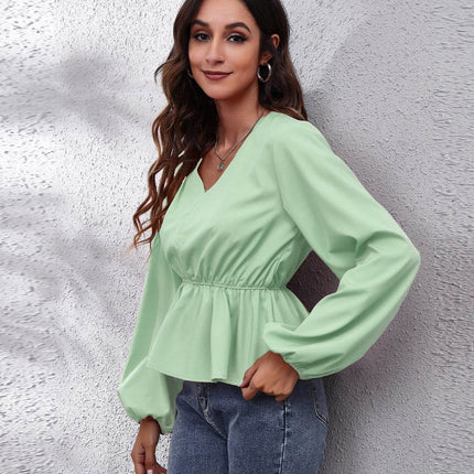 V-Neck Balloon Sleeve Peplum Blouse - MimiStylez