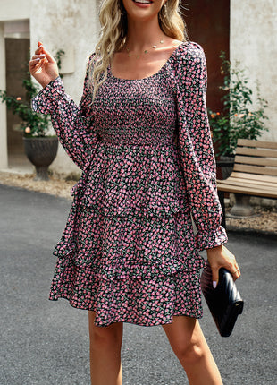 Smocked Flounce Sleeve Ruffled Dress