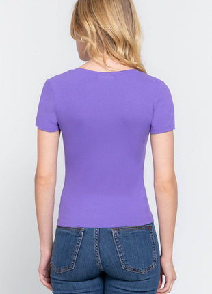 ACTIVE BASIC V-Neck Ribbed Short Sleeve Knit T-Shirt - MimiStylez