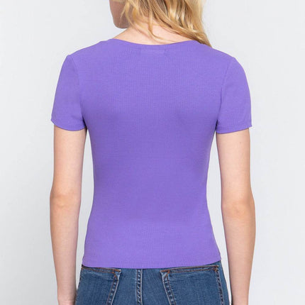 ACTIVE BASIC V-Neck Ribbed Short Sleeve Knit T-Shirt - MimiStylez