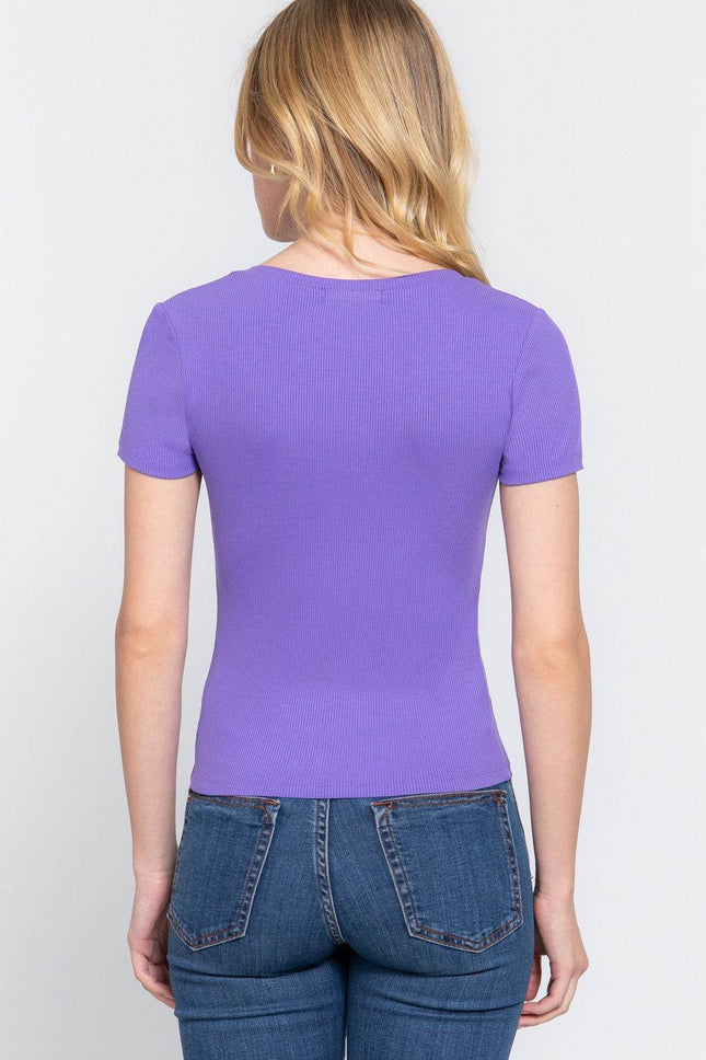ACTIVE BASIC V-Neck Ribbed Short Sleeve Knit T-Shirt - MimiStylez