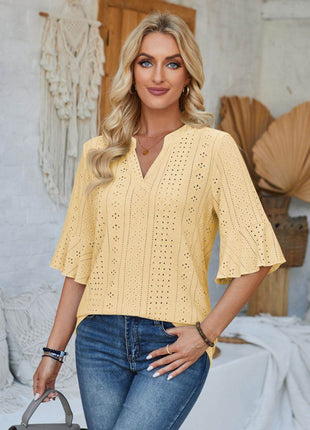 Eyelet Notched Half Sleeve T-Shirt - MimiStylez