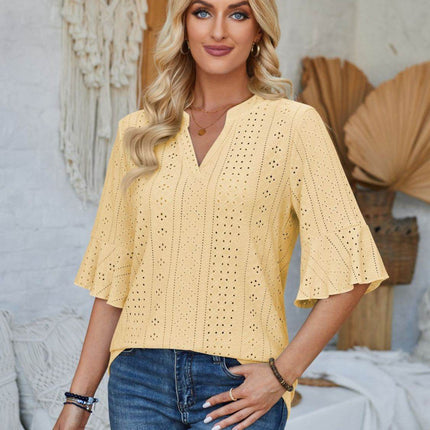 Eyelet Notched Half Sleeve T-Shirt - MimiStylez