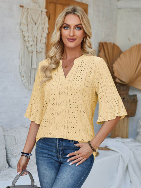Eyelet Notched Half Sleeve T-Shirt - MimiStylez