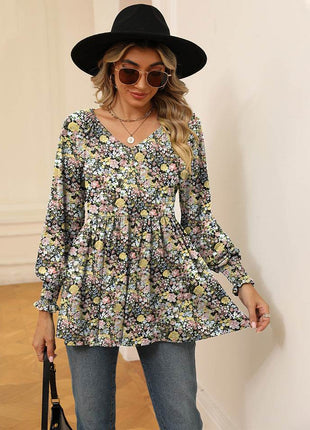 Printed V-Neck Lantern Sleeve Blouse - MimiStylez