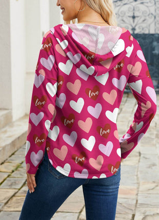 Heart Drawstring Dropped Shoulder Hoodie - MimiStylez