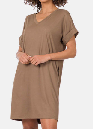 Zenana Rolled Short Sleeve V-Neck Dress - MimiStylez