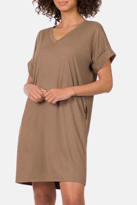 Zenana Rolled Short Sleeve V-Neck Dress - MimiStylez