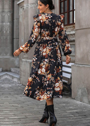 Floral Surplice Tie Front Ruffle Hem Midi Dress - MimiStylez