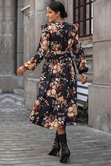 Floral Surplice Tie Front Ruffle Hem Midi Dress - MimiStylez