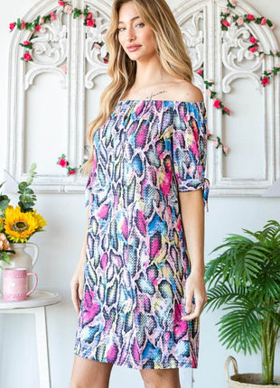 Heimish Full Size Off Shoulder Snake Mini Dress - MimiStylez