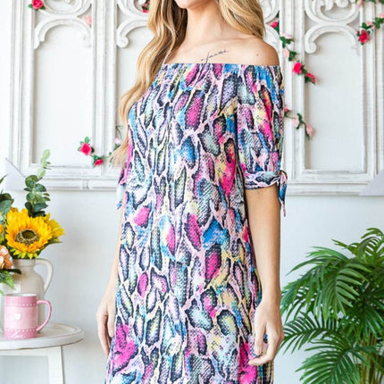 Heimish Full Size Off Shoulder Snake Mini Dress - MimiStylez