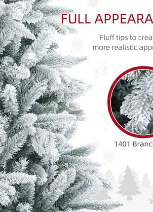 7FT Flocked Christmas Tree With 1401 Tips, Foldable Metal Stand, Easy Assembly, Hinged Tree