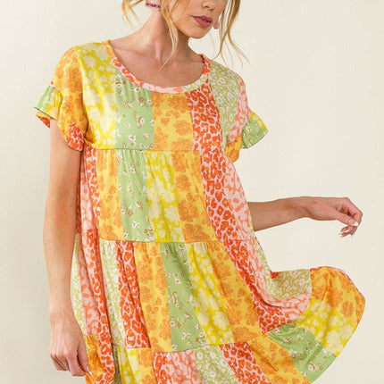 BiBi Leopard Short Sleeve Tiered Dress - MimiStylez