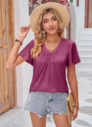 Double Take Ruched V-Neck Short Sleeve T-Shirt - MimiStylez