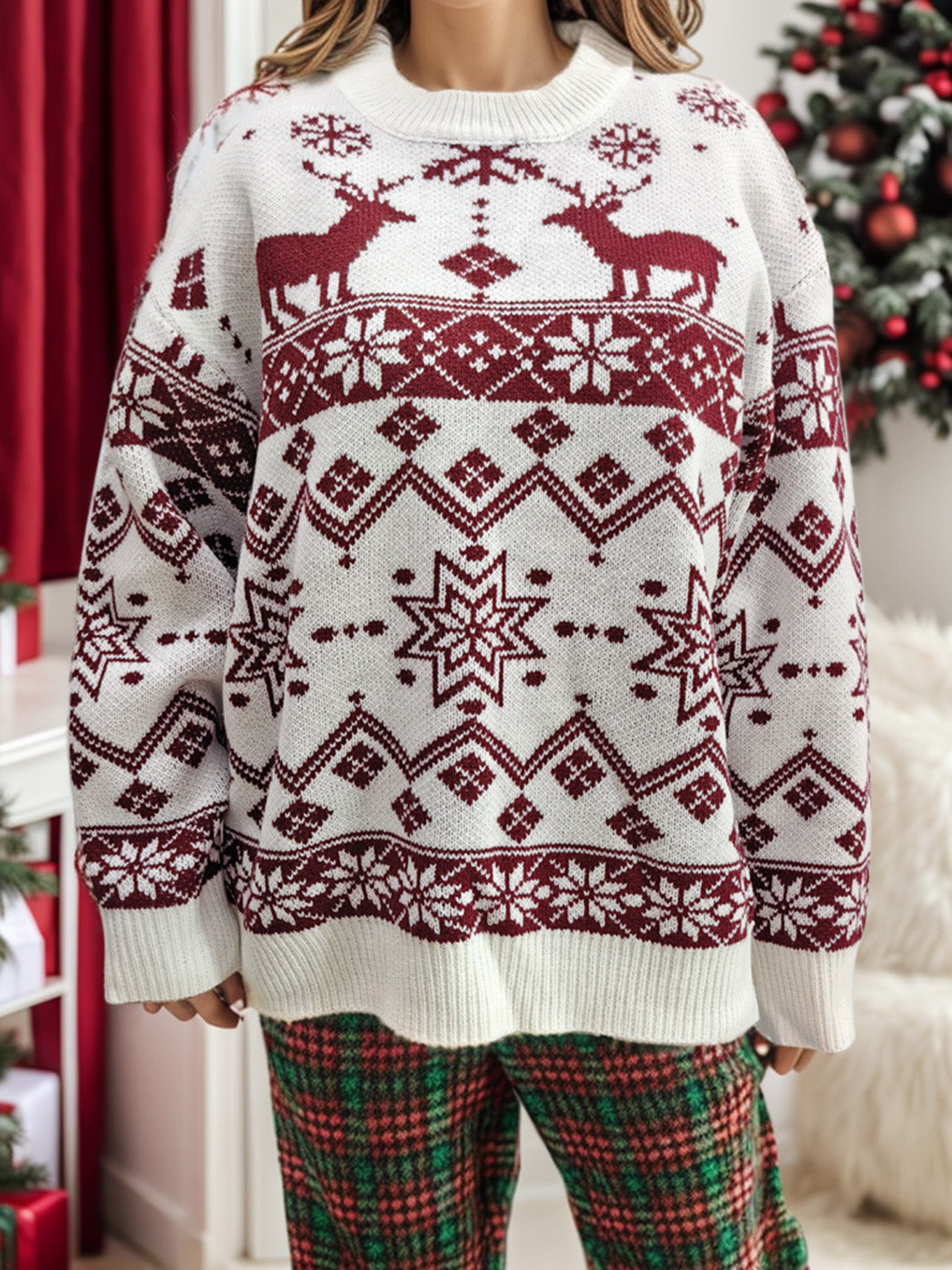 Snowflake Contrast Round Neck Long Sleeve Sweater