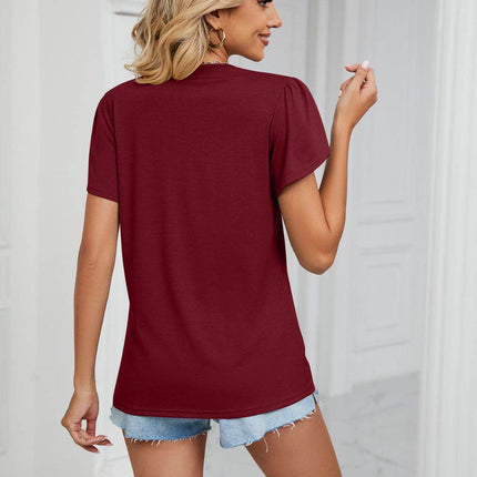 Contrast Trim Petal Sleeve V-Neck Top - MimiStylez