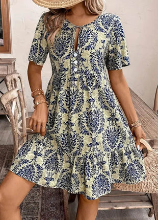 Printed Tie Neck Short Sleeve Dress - MimiStylez