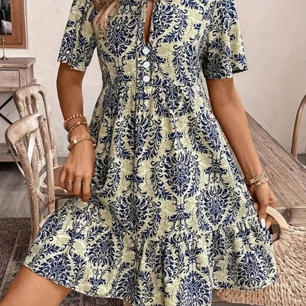 Printed Tie Neck Short Sleeve Dress - MimiStylez