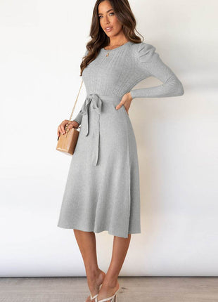 Round Neck Long Sleeve Tie Waist Sweater Dress - MimiStylez