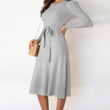 Round Neck Long Sleeve Tie Waist Sweater Dress - MimiStylez