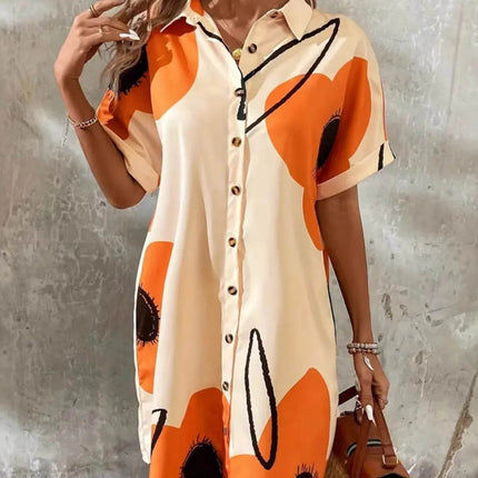 Printed Button-Front Shirt Dress - MimiStylez