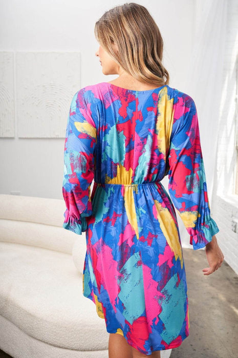 White Birch Full Size Printed V-Neck Mini Dress - MimiStylez