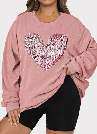 Plus Size Heart Sequin Round Neck Sweatshirt - MimiStylez