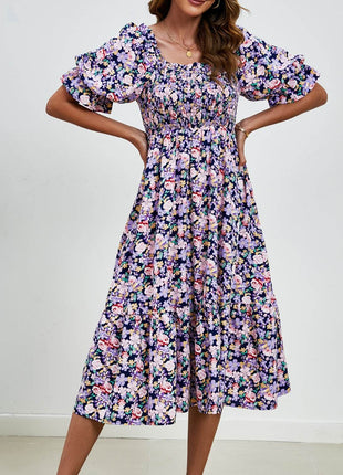 Smocked Floral Square Neck Short Sleeve Dress - MimiStylez