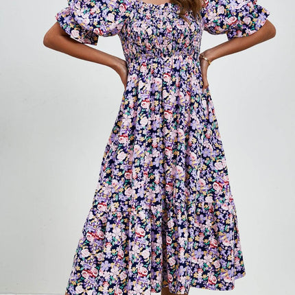 Smocked Floral Square Neck Short Sleeve Dress - MimiStylez