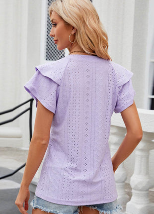 Eyelet Notched Flutter Sleeve T-Shirt - MimiStylez