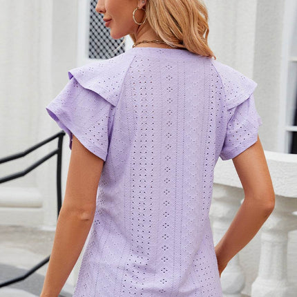Eyelet Notched Flutter Sleeve T-Shirt - MimiStylez