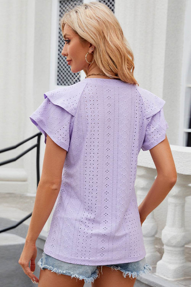 Eyelet Notched Flutter Sleeve T-Shirt - MimiStylez