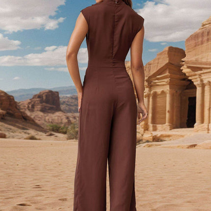 Ruched Mock Neck Sleeveless Jumpsuit - MimiStylez